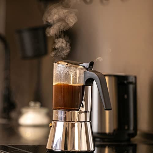 VeoHome Cafetière Italienne en verre et inox 360 ML – Cafetière Moka Induction, Gaz, Céramique Style Expresso – 7 tasses, Sûre et Lavable au Lave-Vaisselle