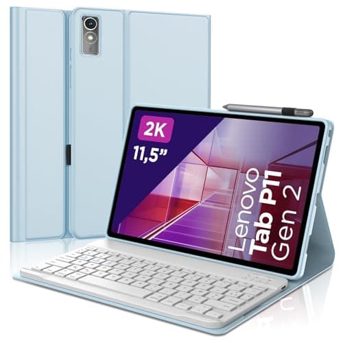 IVEOPPE Clavier pour Lenovo Tab p11 2nd gen 11.5 Pouces, Coque Étui Clavier AZERTY Français Détachable Bluetooth pour Lenovo Tab P11 2nd Gen, Bleu Ciel