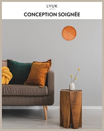 LUUK LIFESTYLE Horloge Murale en Quartz avec mécanisme Silencieux, Design Simple, pour Bureau, Cuisine, Salle de Bain, Cadeau de déménagement, 24 cm en Orange et Argent