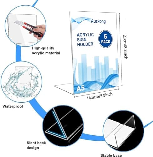 Auzkong Lot de 5 Supports de Panneau inclinés en Acrylique Transparent, Présentoir en A5, Supports de A5 en Acrylique, Présentoir A5 pour Restaurants Hôtels Menus Magasins Bureaux