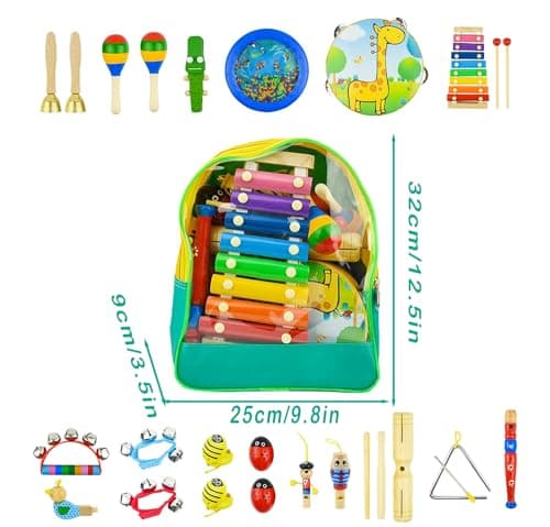 27pcs Instruments de Musique Musicaux pour Enfants, Kikuo Bois Percussion en Bois pour Bébé, D'instruments de Musique pour Les Tout-Petits - Favorise Le Développement Précoce - Sac à Dos Inclus