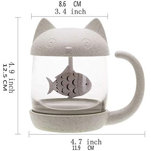 BigNoseDeer Cadeau Femme Cadeau Noel Tasse à thé en verre chat, bouteille d'eau avec infuseur à thé en forme de poisson, Passoire Filtre Tassen de café 250ML (8OZ) Cadeau Fête des Mères