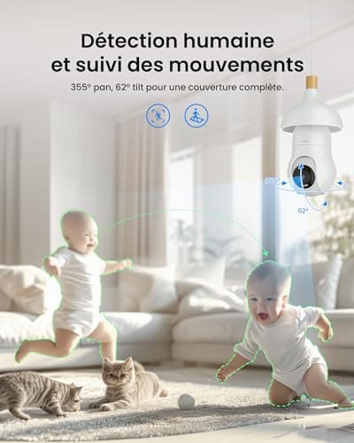 VEEZOOM 2K Ampoule Camera Surveillance WiFi, IP Caméra Ampoule Intérieur sans Fil de Lampe E27 avec Suivi Automatique, 30m Vision Nocturne Coloré, Discussions en Temps Réel, WS-D1