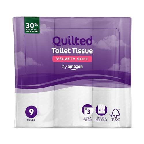 by Amazon Papier Toilette, 3 Épaisseurs Matelassé, Doux et Soyeux, 36 Rouleaux (4 Paquets de 9), 200 Feuilles par Rouleau, Certifié FSC