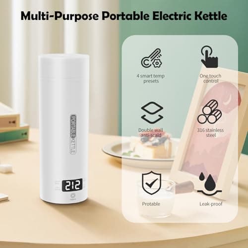 Bouilloire électrique de Voyage Portable, Euakee Chaudière à eau Chaude de 450 ml, 4 Contrôles de Température, Arrêt Automatique et Protection Contre l'ébullition avec Acier Inoxydable 316 sans BPA