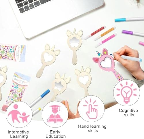 Lot de 12Kits Bricolage Miroir Kits,Licorne Artisanat en Bois à Peindre- Miroir en bois à peindre - Pour enfants - Cadeau de Fête - Kit de Bricolage en Bois Pour Enfants