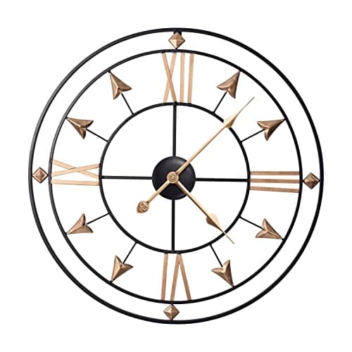 Yumyolk Horloge Murale Ronde, 60 cm, Silencieuse, Fonctionnement à Piles, Lunette Noire, Aiguilles Or, Chiffres Romains Or