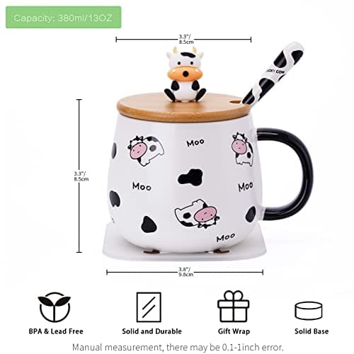 SHENDONG Tasse à café en forme de vache mignonne avec joli couvercle, dessous de verre et cuillère kawaii - Cadeau d'anniversaire pour femme, amoureux des vaches, filles et enfants