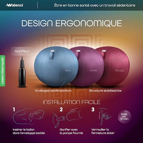 Walenci Ballon Siège Travail et Relaxation Chaise de Bureau Ergonomique, Chaise Ballon,Confort Teletravail et Gaming,Ideal Bureau Assis-Debout Ø70cm-75cm,Couleur Rouge Bordeau, Housse Textile Premium