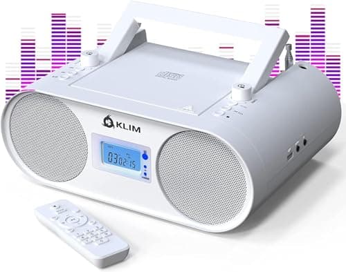 KLIM Boombox B4 Poste Radio CD Portable + Radio AM/FM, CD, Bluetooth, USB, MP3 + Mode Filaire et sans Fil avec Piles Rechargeables + Télécommande, Mode Veille Auto + Lecteur CD Portable + Blanc