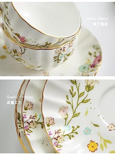 HUAMu Biene und Blumen Teetassen und Untertassen Keramik Teetasse Tasse Kaffee (1 Tasse und 1 Platte 1 cuillère)
