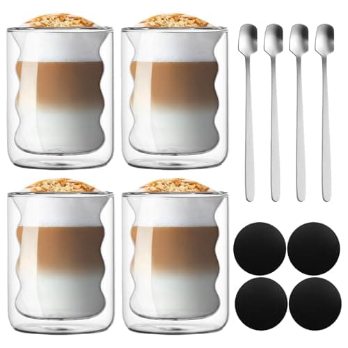 BORDEAG 4pcs Tasse À Café Double Paroi, Tasses À Café À Double Paroi, Tasses À Expresso Verre Double Paroi Avec 4 Cuillères Et 4 Sous-Verres Pour Café Thé Cappuccino Au Lait Bière Expresso 225ml