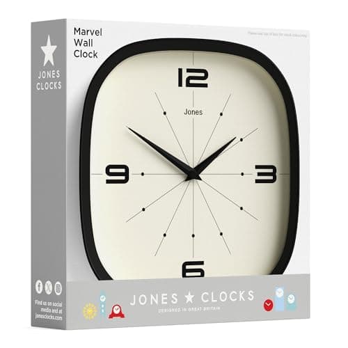 JONES CLOCKS® Horloge Murale Pulsar | Horloge rétro carrée Arrondie | 25 cm | Bleu | Look de Designer Cool pour Cuisine, Salon ou Bureau