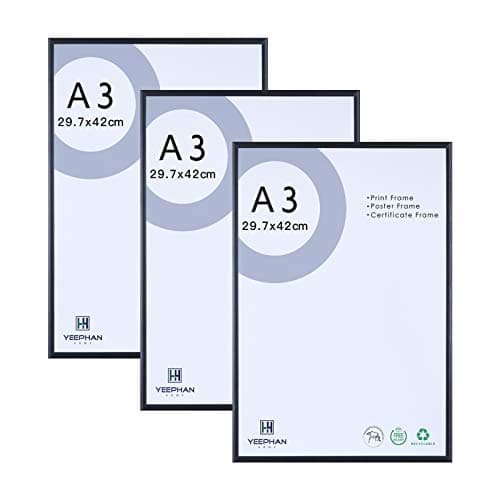 YEEPHAN Cadres pour photos A3,cadres pour certificats,cadres pour posters - Cadres pour photos en métal aluminium noir 29,7x42 cm avec façade en Plastic glass pour montage mural,lot de 3 noirs