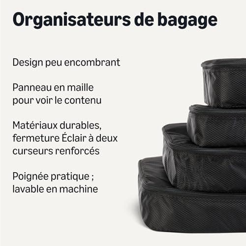 Amazon Essentials Ensemble de 4 Cubes de Rangement, Organisateurs de Voyage, Double Fermeture Éclair, Dessus en Maille, 100% Polyester, Tailles S/M/L et Format Fin, Noir (Anciennement Amazon Basics)