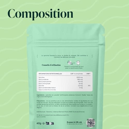 Spiruline Bio 500 mg, Pure et Naturelle, Cure de 1 mois, Réduit la Fatigue, Favorise l'Immunité, 120 Comprimés Vegan, Riche en Protéines et Phycocyanine, Essentials by Novoma