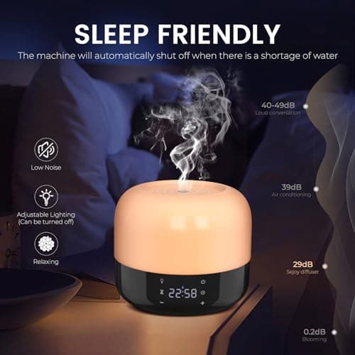 Sejoy Diffuseurs d'huiles essentielles 400 ml, diffuseur d'aromathérapie coloré, humidificateur silencieux pour chambre à coucher, minuterie de 8 heures et affichage de l'heure, 17 lumières de