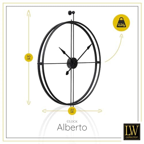 LW Collection Horloge Murale Alberto Noir 80 cm - Grande Horloge Murale Industrielle en Métal - Horloge Murale Moderne - Mouvement Silencieux - Horloge Silencieuse