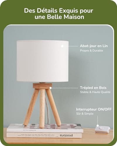 EDISHINE Lampe de Chevet en Bois à Trépied, Abat-jour en Lin, E27 Ampoule LED Incluse, 2700K Blanc Chaud, Lampe de Table Moderne pour Chambre à Coucher, Salon, Bureau, Hôtel, Blanc