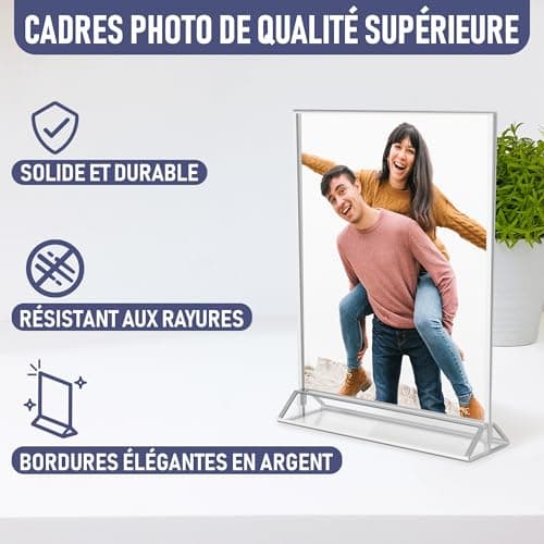 Dasher Products Cadres Photos Argent Double Face A5 - Pack de 6 - Porte-numéros de table argent en acrylique, chevalets de table transparents pour affiche, porte-menus, cadres photos ...