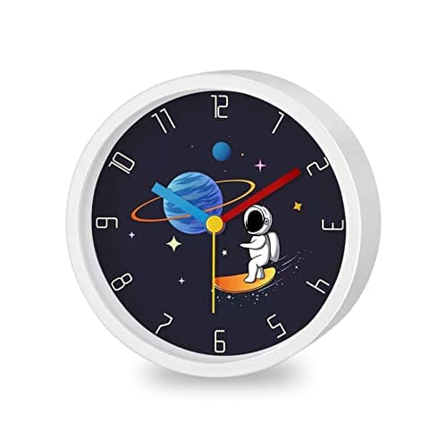 Idota Réveil éducatif pour enfants, sans tic-tac, espace, astronaute, réveil analogique, rond, caricature, réveil, pour garçons, filles, réveil à piles (sans batterie) - Blanc
