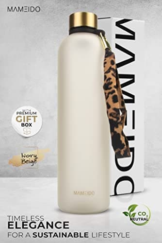 MAMEIDO Gourde 1l & 1,5l Ivory Beige Gold - Bouteille d'eau Design Plastique avec Marqueur de Temps de Motivation, sans BPA - Gourde Sport étanche pour Gymnastique