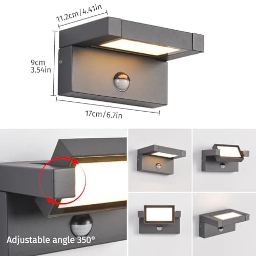 LED Applique Murale Extérieur/intérieur avec Détecteur de Mouvement,12W Moderne Éclairage Lampe avec Panneau Rotatif Imperméable IP65 3000K blanc chaud,Luminaire Murale pour Entrée Jardin,Gris Foncé