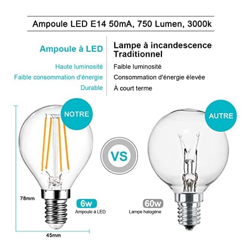 EXTRASTAR Ampoule LED Filament E14 G45, 6W Equivalente à Ampoule Halogène Vintage 60W, Blanc Chaud 750Lm 3000K, Non Dimmable, Lot de 6