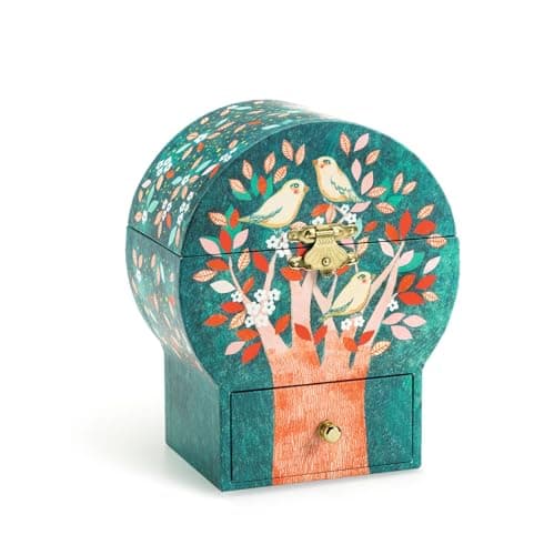 DJECO Boîte à Musique et Bijoux en Bois dès 4 ans - Rangement Bijoux avec Intérieur en Velours et 1 Tiroir - Cadeau Décoratif Unique - Figurine, Mélodie, Miroir et Illustrations - Arbre Poétique