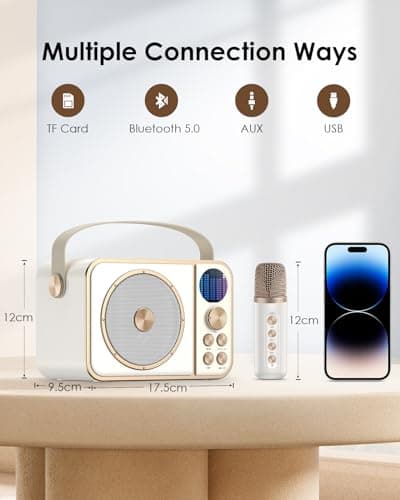 Machine de Karaoké avec 2 Micro sans Fil, Haut-Parleur Bluetooth Portable, Dispose 7 Effets Sonores, pour Fête et Voyage-Blanc