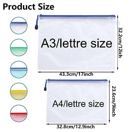 ASelected 30PCS Pochette Zippée A3+A4, 5 Couleurs Pochette Plastique Zippée, A3 Pochette Zip PVC Mesh de Rangement Fichiers A4 Pour Stockage Document Recettes D'Entreprises Organisation