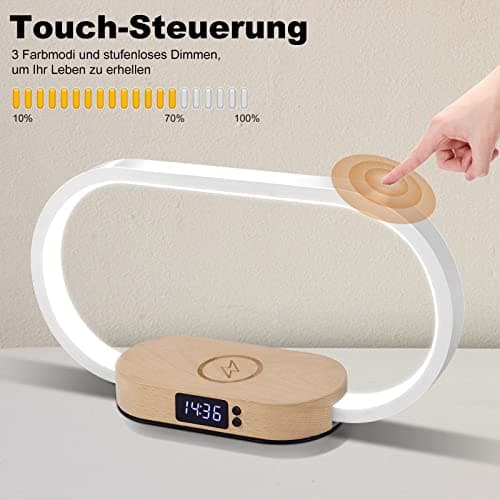 Lampe de Chevet Chargeur sans Fil, Tactile avec Port USB, Chargeur Induction avec L'horloge, Lampe de Table avec 3 Modes de Couleur et Intensité Variable, Bois&Blanc