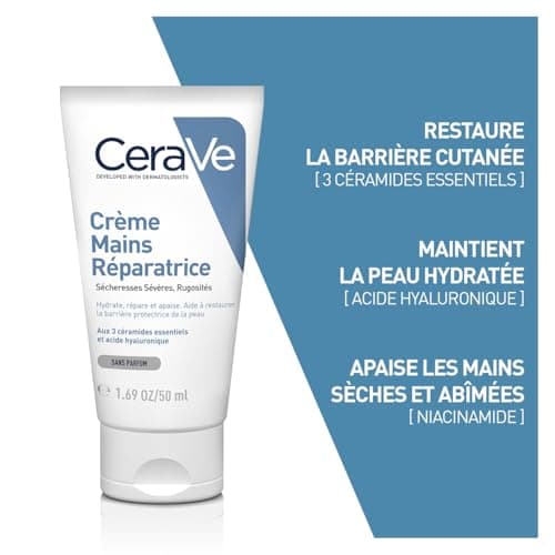 CeraVe - Crème Mains Réparatrice - Nourrit & Hydrate 24 h - Répare & Apaise - Acide Hyaluronique + 3 Céramides Essentiels - Sans Parfum - Peau Très Sèche, Gercée, Abîmée - 2 x 50 ml