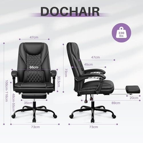 DoChair Chaise Bureau en Cuir Ergonomique Jusqu'à 140° avec Repose-Pieds Appui-tête Fonction Bascule Chaise Pivotante, Noir Mat
