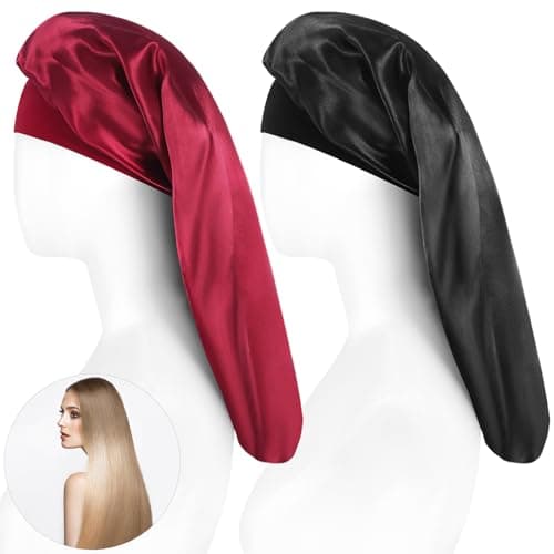 2 Pièces Bonnet Long en Satin pour Fille, Bonnet de Sommeil Chapeau Nuit en Satin à Large Band Élastique Bonnets de Nuit Doux pour Femmes Cheveux Longs Cheveux Bouclés