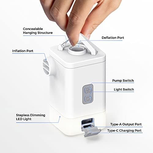 FLEXTAILGEAR MP2Plus Mini pompe à air électrique avec batterie rechargeable et lanterne de camping pour matelas gonflable, matelas gonflable, flotteur de piscine, jouet gonflable