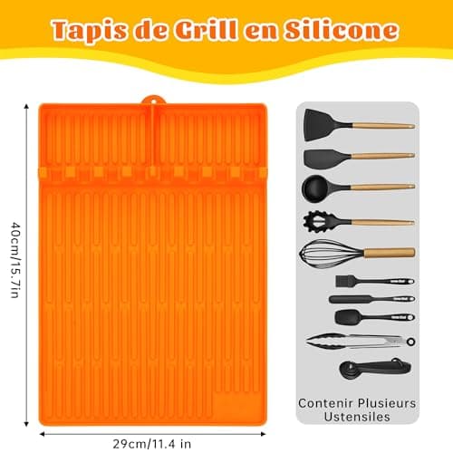 Tapis de Cuisson Barbecue, Ustensiles Barbecue Compatible avec Grille à Gaz, Tapis de Spatule en Silicone Tapis d’Etagère Latérale pour BBQ Grills Comptoirs (Orange Epais)