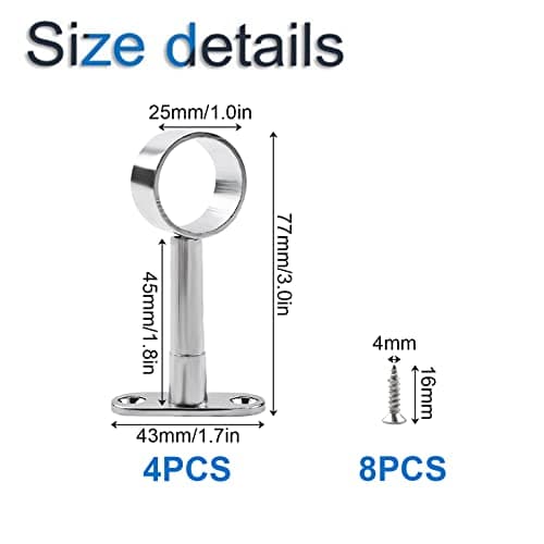 INCREWAY lot de 4 Tuyau de garde-robe réglable en acier inoxydable, diamètre 25 mm, support de levier de placard, support de tige, support de douille