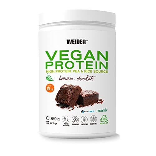 Weider Vegan Protein (750g) Goût Brownie-Choco. Protéines 100% Vegetal 21g/dose, Pois (Isolat Pisane) & Riz. Avec Vitamine B12 & Stevia. Sans Gluten, Sans Sucre. Emballage 50% Recyclé, 100% Recyclable