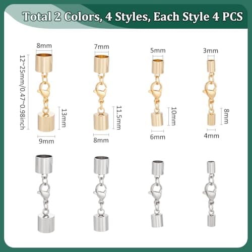 UNICRAFTALE 8 Set 2 couleurs Embouts de Cordon Acier Inoxydable Connecteur avec Anneaux Ouverts et Fermoirs Mousquetons Extrémités de Cordon en Cuir Embouts à Sertir pour la Fabrication de Bijoux