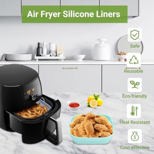 Alyvisun Moule Silicone Air Fryer, 2 Pièces Panier Moule pour Friteuse à Air Chaud Réutilisable Airfryer Pot Plat Carré Pliable Doublure Liner pour Friteuse Air, Micro-ondes, Four (Bleu+Gris)
