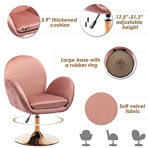 Wahson Chaise Pivotant Fauteuil Chambre Velour Assise Rembourrée avec Accoudoir pour Coiffeuse/Maquillage, Rose