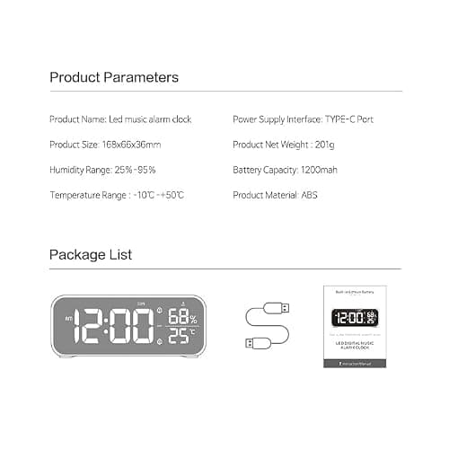 OWYELO Réveil Numérique, Horloge Numérique avec Grand écran LED, LED Horloge Digitale Réveil avec Fonction Snooze, Alarme de Miroir Portable avec Double Alarme, Charger USB, 12/24 H, Blanc