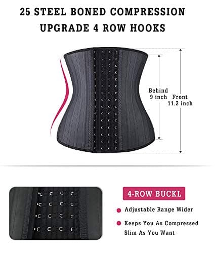 YIANNA Gaine Amincissante Ventre Plat Femme 4 Crochets Latex Corset Minceur Waist Trainer Serre Taille Invisible Noir 25 Acier Squelette,11787 Size XS