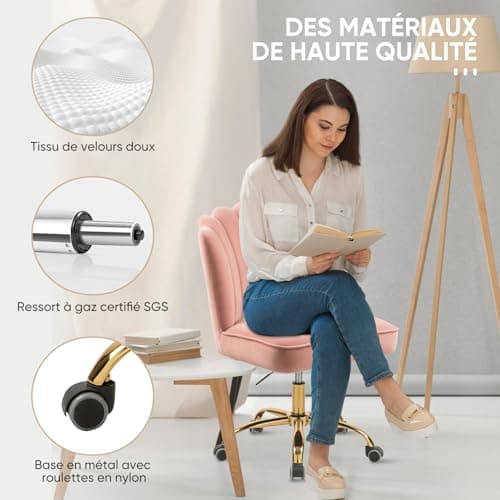 WOEOA Chaise de Bureau en Velours, Chaise Coiffeuse Coquillage, Pivotante à 360°, Hauteur Réglable, Pour Salon, Chambre à Coucher, Étude de Vanité, Charge Maximale 135 kg, Pour Filles et Femmes - Rose