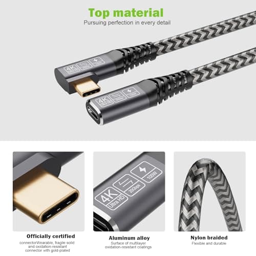 CAKOBLE rallonge usb c 1m,usb c 3.2 gen 2 20Gbps 100W/5A Rallonge USB C Mâle et Femelle Compatible USB C 3.2 4K@60Hz Cable USB C Compatible USB C Hub/Dell XPS/USB C Charger cable usb c coudé