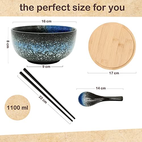 Cteahrow Bol à ramen en céramique 2 ensembles (8 pièces) avec baguettes cuillère, grand bol à soupe 1100 ML, bols à salade pour soupe, pho et bol à sushi (Ensemble de 2 bols bleus)
