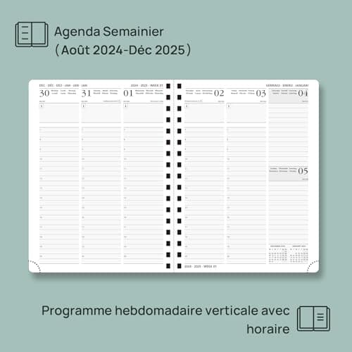 POPRUN Agenda 2025 Semainier 22 x 16,5 cm D'août 2024 à déc 2025, Planner Vertical Scolaire 17 Mois avec Couverture Souple Spirale, Règle et signet, Papier Certifié FSC®80 g/m2 - Bourgogne