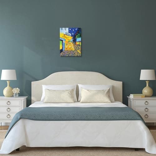 Fokenzary Peinture à la main Café Terrasse Reproduction de Vincent Van Gogh abstrait Tableau sur toile murale encadrée prête à accrocher, 12x16in