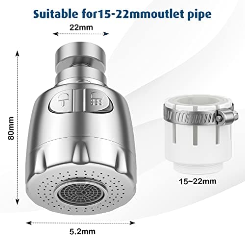 Vinabo Aérateur pour robinet rotatif à 360 °, buse robinet cuisine, évier avec filtre régulateur de tête, 2 modes, aérateur robinet, atomiseur robinet, tête robinet de cuisine, argenté